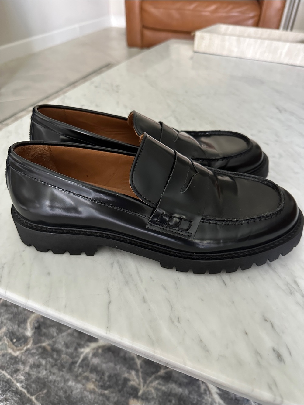 Thursday Boot Company Black Leather Lug-Soled Penny Loafers